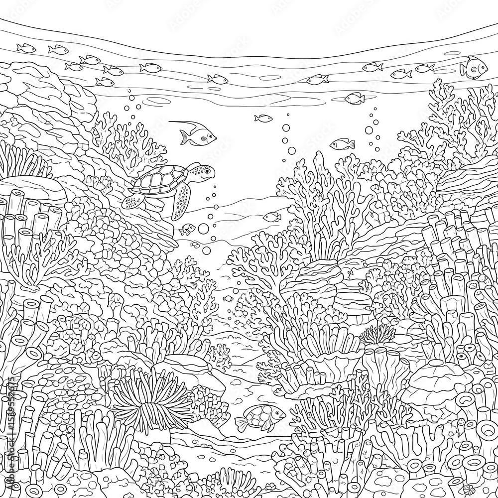 Obraz premium Underwater coral reef coloring page with sea turtle and fish for kids and adults to print on transparent background