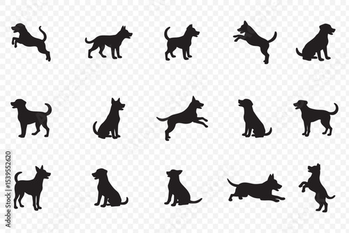 dogs in various poses on  white background.  Group of dogs various poses vector silhouettes collection. 