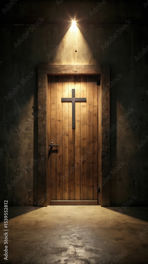Obraz premium Dark room with cross-shaped door made of wood and metal