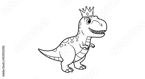 T rex dinosaur coloring page for kids with crown drawing vector illustration outline art on transparent background