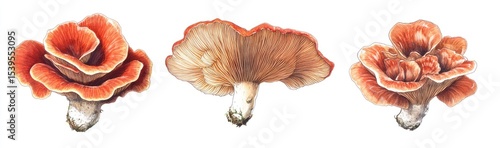 Three illustrations of coral mushrooms, varying in color shades from pinkish-orange to light brownish-orange