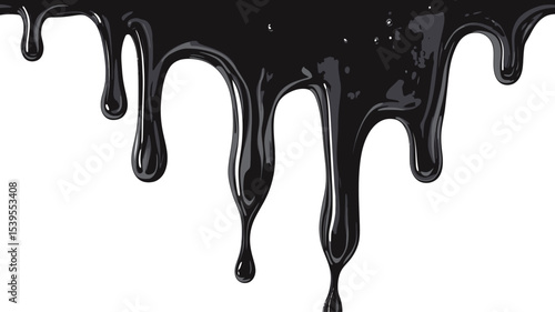 Close-up shot of a black, viscous liquid dripping downwards against a white background. The liquid appears glossy and shiny, with varying thicknesses in the streams and drops.