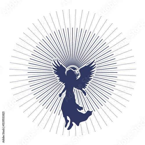 Fantasy woman angel soars in the air with huge bird wings. Girl in levitation flies. Lady goddess in dress, fabric waving fluttering in motion