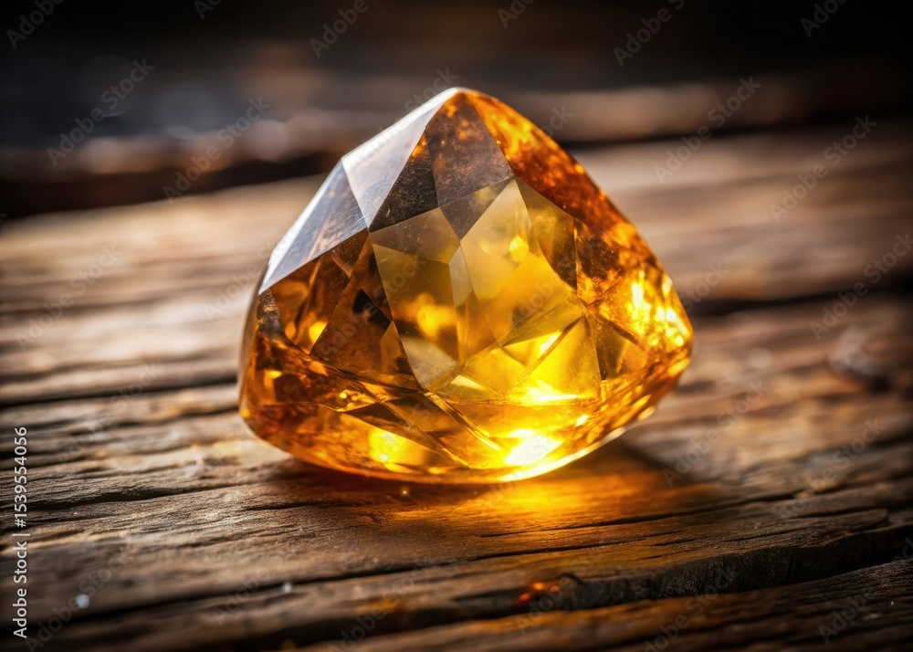 Bright yellow citrine stone sitting on a dark wooden surface with its facets glinting in the light Bright yellow citrine stone sitting on a dark wooden surface with its facets glinting in the light