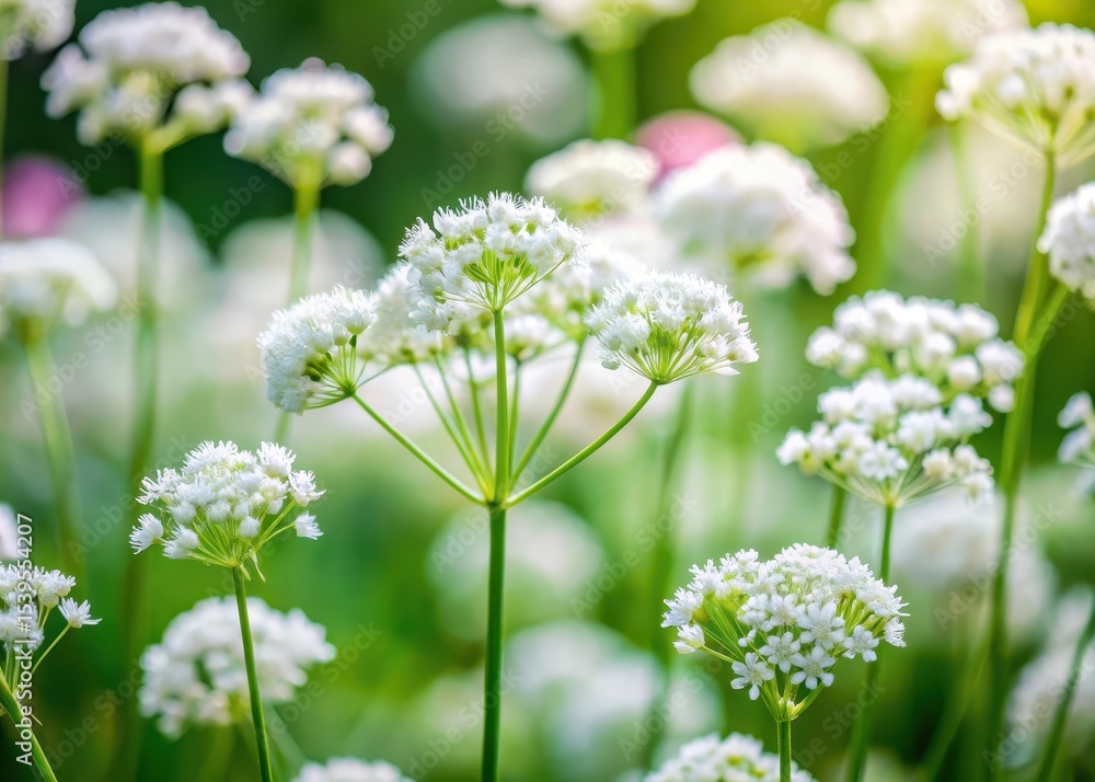Delicate white flowers with pink undertones blooming in clusters on a slender stem amidst lush green foliage in a garden setting Delicate white flowers with pink undertones blooming in clusters on a slender stem amidst lush green foliage in a garden setting
