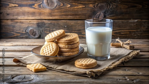 Breakfast shortbread biscuits with glass of milk on rustic wooden table