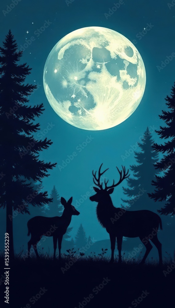 Black silhouettes of deer & evergreens, moonlit scene , pine, fir Black silhouettes of deer & evergreens, moonlit scene , pine, fir