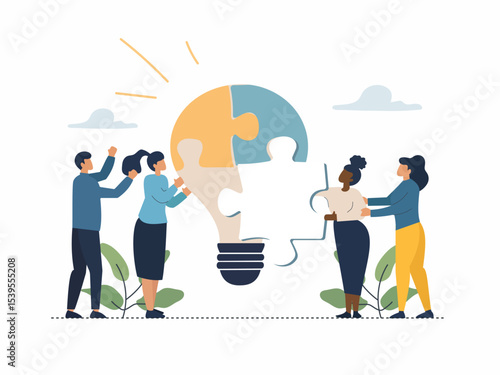 Innovative team collaboration through puzzle pieces and ideas. Vector illustration