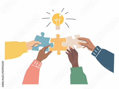 Embracing teamwork through puzzle pieces and light bulb. Vector illustration