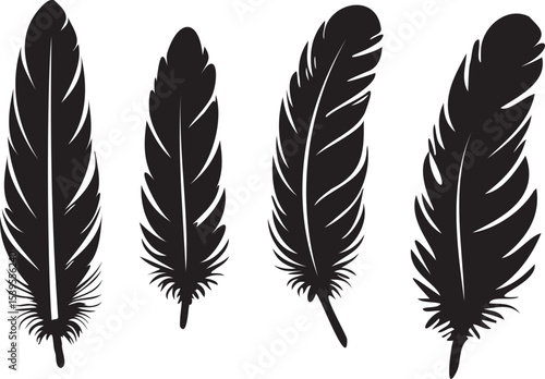 Collection of elegant black feather silhouettes vector on white background