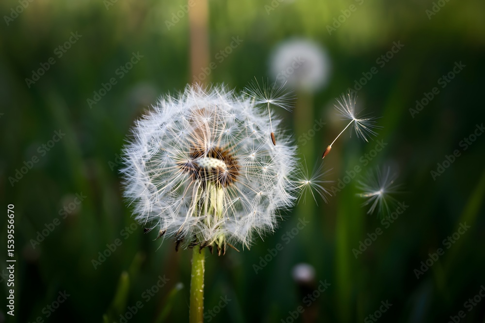 Fototapeta premium Dandelion seeds dispersing in green field
