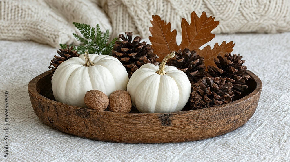 Naklejka premium A wooden bowl filled with fall decorations.