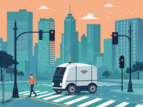 Futuristic Flat Vector of Traffic-Integrated Delivery Bots  