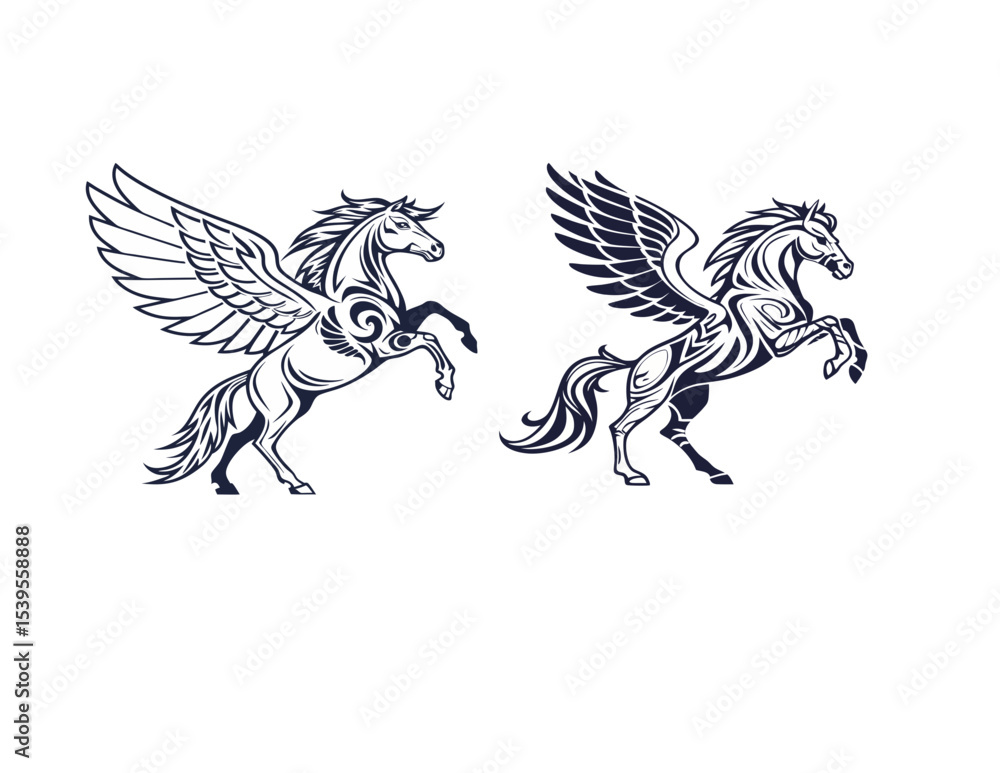 Obraz premium Winged Tribal Horse Vector | Stylish Pegasus Tattoo Design | Black & White Art Illustration
