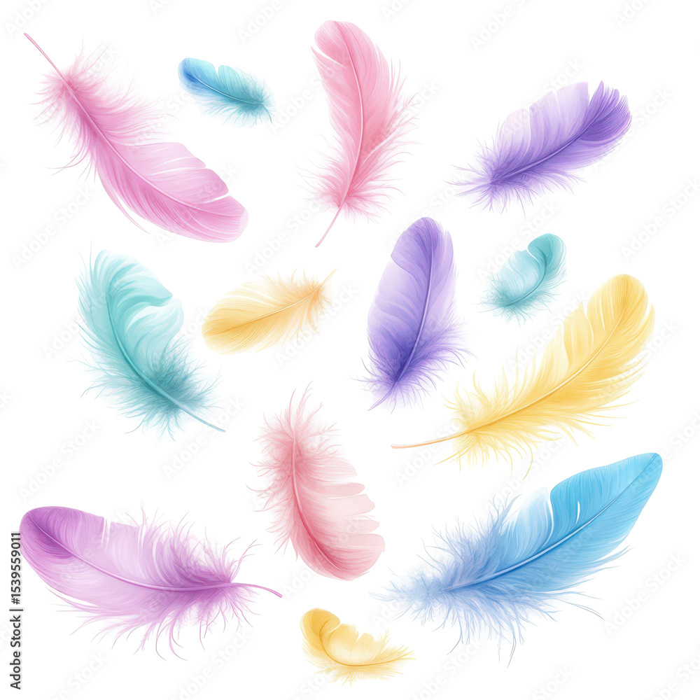 Floating Feathers: A collection of soft and fluffy, vividly colored feathers, each with its unique shape and hue, gently float and dance, conveying a sense of weightlessness and freedom. Floating Feathers: A collection of soft and fluffy, vividly colored feathers, each with its unique shape and hue, gently float and dance, conveying a sense of weightlessness and freedom.