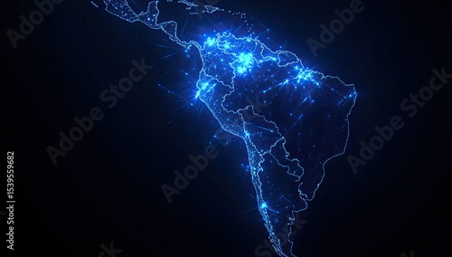 Central and South America map, glowing network