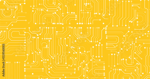 Electronic circuit board photo. White line and dots isolated on yellow background. Technology circuit board seamless pattern.