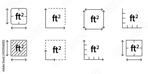 FT2 symbol representing square feet. Vector outline icon for space dimension, land area, house layout, or real estate measurement