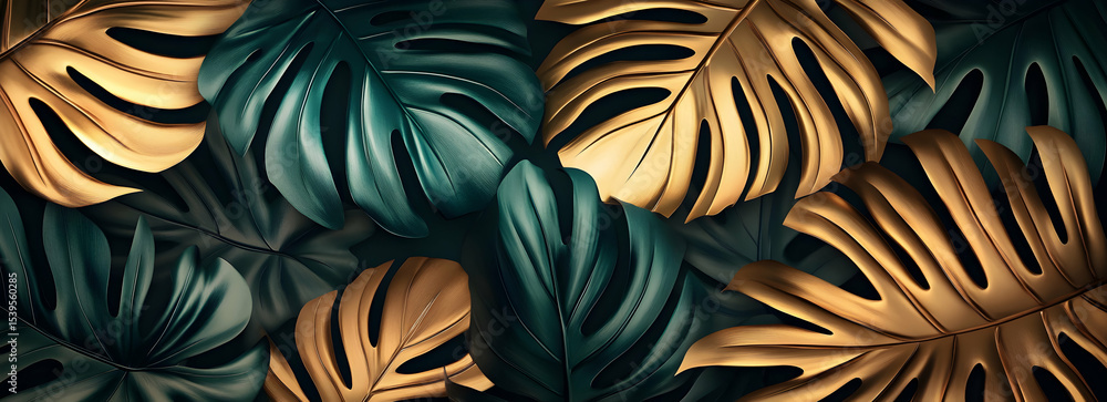 Gold and green monstera leaves background Gold and green monstera leaves background