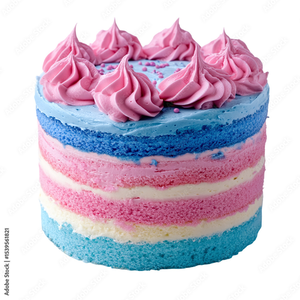 Naklejka premium Colorful layered cake with pink and blue frosting representing celebration isolated on transparent background.