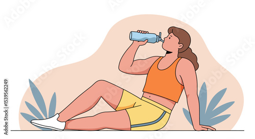 Woman Resting After Workout, Drinking Water