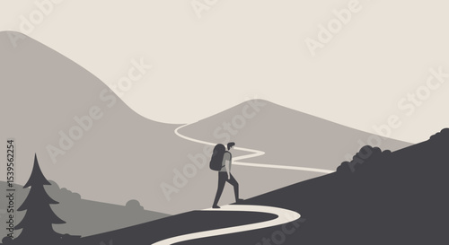 Solo Hiker Ascending Mountain Path Scenic Landscape Illustration