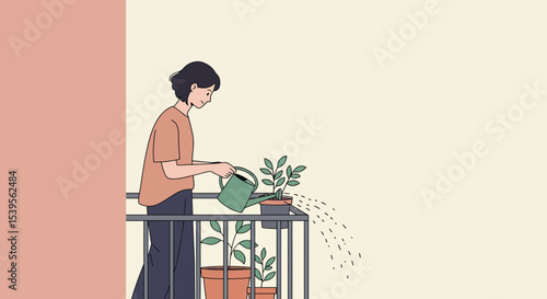 Woman Tending to Balcony Garden A Peaceful Illustration