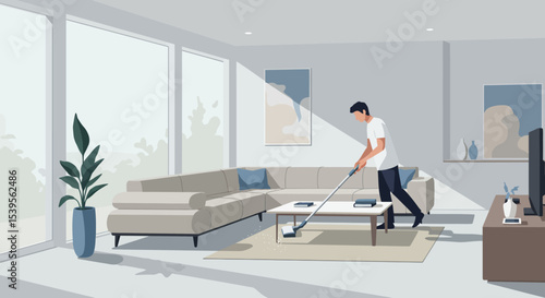 Modern Man Cleaning Living Room with Vacuum Cleaner Illustration