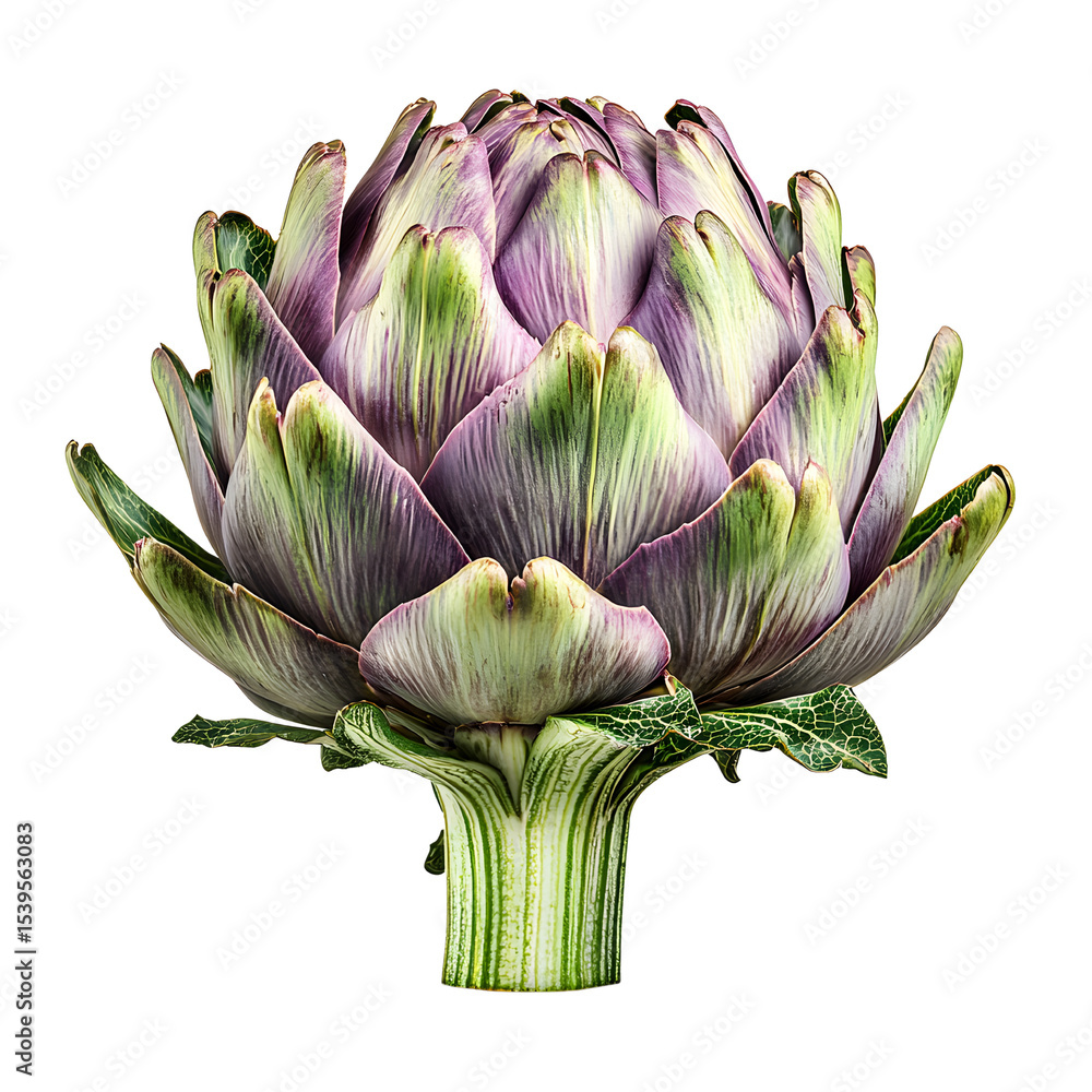 Fototapeta premium Close-up of a fresh purple and green artichoke vegetable showing detailed petals and stem isolated on white background for culinary or botanical use