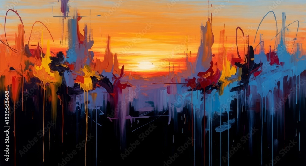 Obraz premium Abstract painting depicting a vibrant sunset over a city skyline.