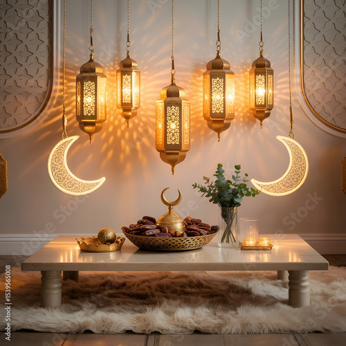 Festive Ramadan Setting with Sweets and Moon Decor