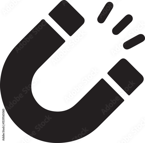 Black and white magnet icon representing attraction, marketing pull, and influence, ideal for advertising campaigns and business growth designs