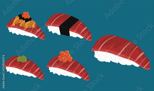 Assorted Tuna Sushi with Nori, Wasabi, Ikura and Traditional Japanese Garnishes

