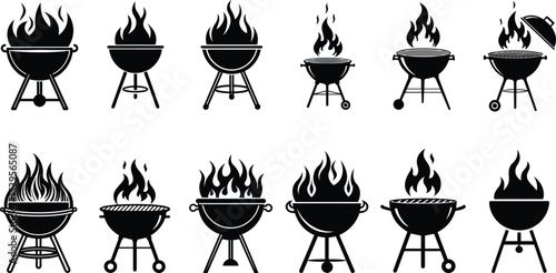 Charcoal grill with flames rising from the grate, simple black silhouette on white background