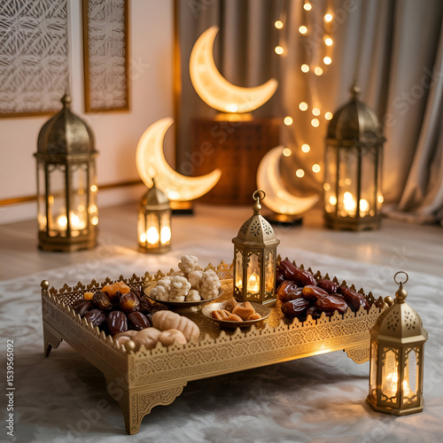 Cozy Eid Celebration with Ornate Lanterns and Dates