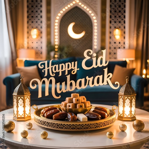 Happy Eid Mubarak Celebration with Lanterns and Sweets