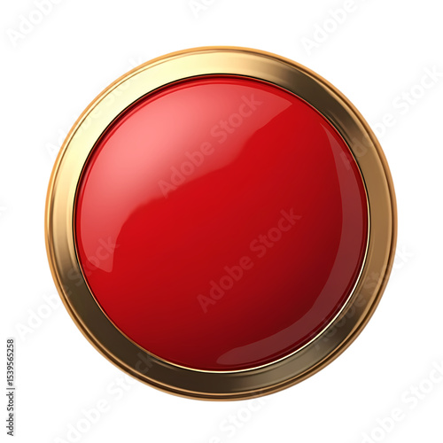 A shiny red button with a golden frame isolated on transparent background