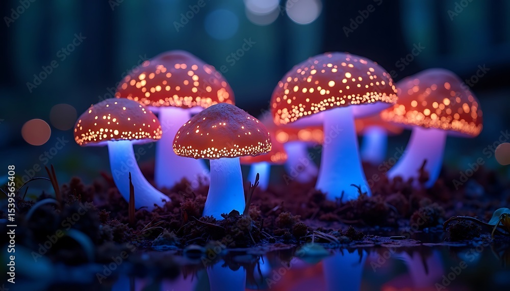 Fototapeta premium Glowing blue and orange bioluminescent mushrooms in dark forest environment at night