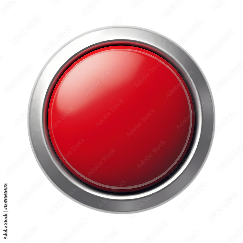 A glossy red button with a silver metallic outer ring frame isolated on transparent background A glossy red button with a silver metallic outer ring frame isolated on transparent background