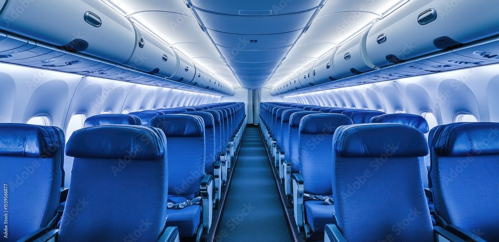 Fototapeta premium Empty airplane cabin with blue seats (7)