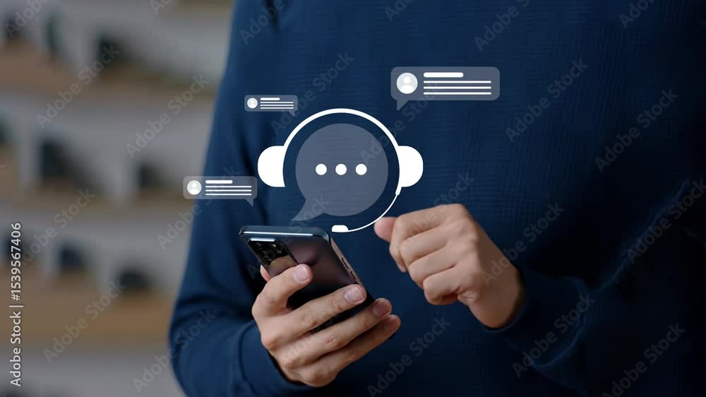 4k video, Customer Support and Live Chat Assistance, Online Messaging and Help Desk Concept, Real Time Communication with Client Services, Chatbot and Agent Support for Business and Customer Care.