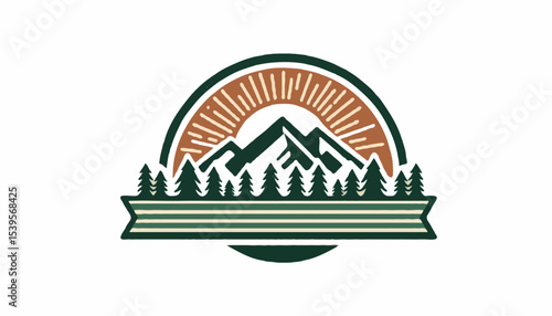 A scenic mountain with lush pine trees and a bright sun shining in the background