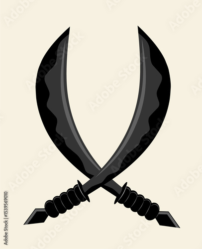 Vector silhouettes of flat-designed Arabian, pirate, and executioner swords isolated on a white background.The sword crossed