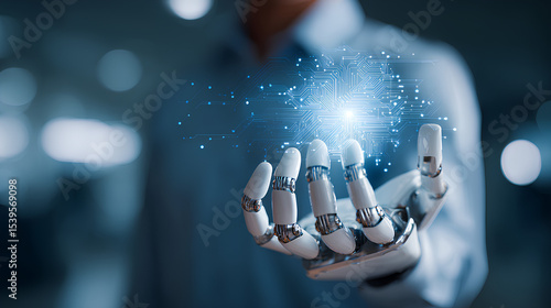 Obraz na płótnie Businessman use artificial intelligence AI technology for enhanced work efficiency data analysis and efficient tools, Unlocking work potential with AI solutions chatbot help solve work problems.