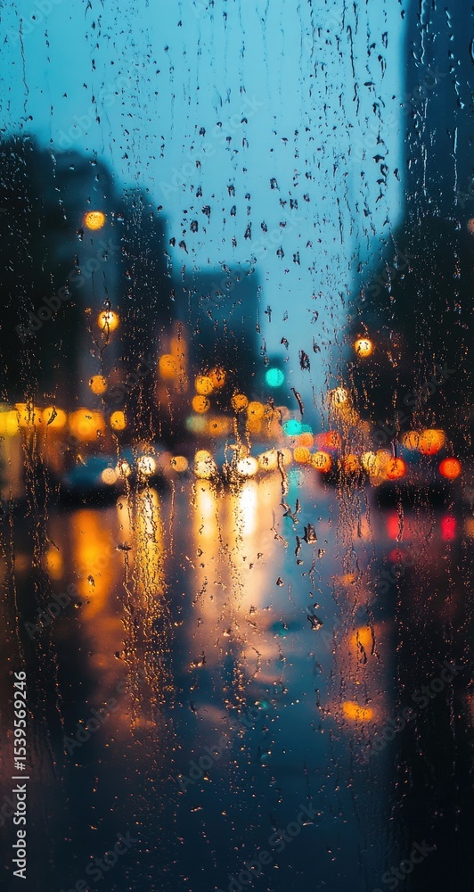 Obraz premium Rainy city street viewed through a wet window