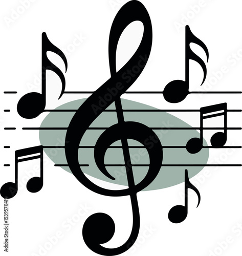 Musical Notes and Clef on a Staff with a Gray Oval Background Create an Artistic Composition