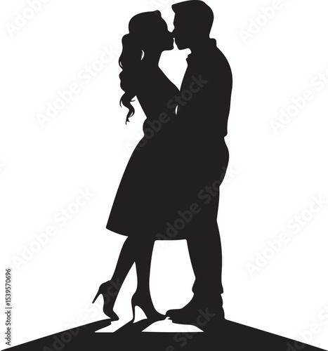 Silhouette of a Couple Kissing in a Tender Embrace on a Checkered Pattern