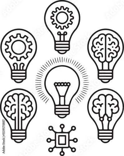 Creative Innovation Visualized A Collection of Lightbulb Icons Symbolizing Ideas Artificial Intelligence and Mechanical Processes for Innovation and Discovery