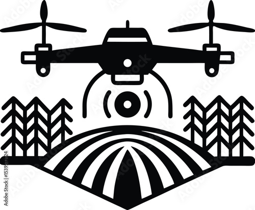 Drone surveying farmland with fields Silhouette and trees modern agriculture precision technology