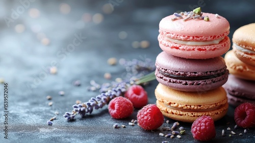 Stack of Colorful Macaroons Garnished with Lavender and Raspberries on Dark Textured Surface